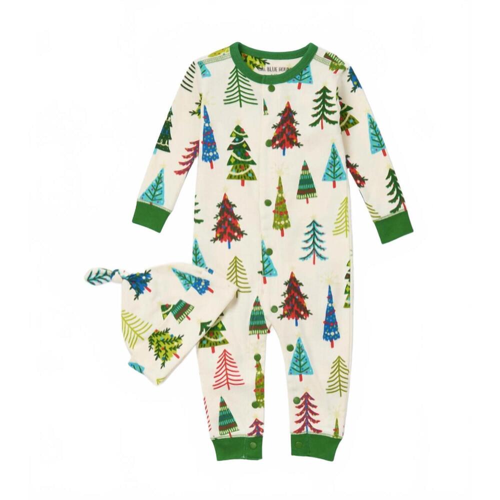 NEW LITTLE BLUE HOUSE baby's pajama sleeper & hat in christmas trees